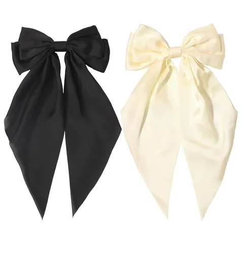 Furling Pompoms Pinza para el Cabello Lazos para el Cabello, 2 piezas Lazos Grandes de Satén Beige/Negro para Mujeres y Niñas, Pasadores para el