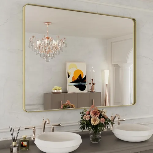 Miniatura 59 de WEER - Espejo de baño dorado, espejo de 40x32 pulgadas con marco de metal dorado cepillado, espejo de tocador de baño de oro para pared