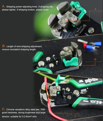 Miniatura 3 de Herramienta pelacables, pelacables, cortador automático de cables, ajuste de 8 AWG a 26 AWG con resortes, herramientas de pelado de cables