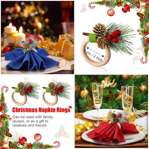 Miniatura 5 de Geiserailie - 12 servilleteros de Navidad, conos de pino, flor de pascua, calabaza, servilleteros de madera, decoración para Navidad, Acción