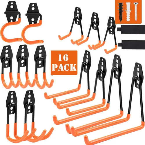 Paquete de 14 ganchos de garaje resistentes con 2 correas de extensión, ganchos de montaje en pared triple soldados, organizador de herramientas de