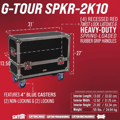Miniatura 6 de Gator Cases G-Tour Series ATA Style Road Case para (2) gabinetes de altavoces QSC K10 con almacenamiento de cables y ruedas resistentes de 4