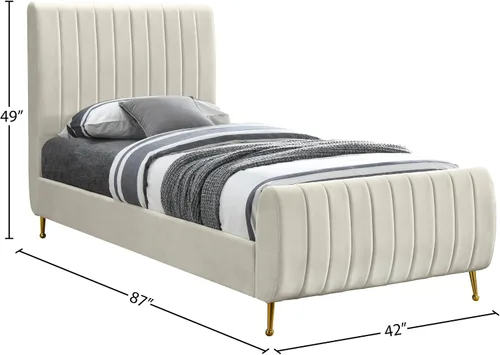 Miniatura 3 de Meridian Furniture Colección moderna Zara Cama tapizada de terciopelo contemporáneo con acolchonamiento de canal profundo y patas doradas a Crema
