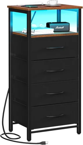 Miniatura 13 de Yoobure - Mesita de noche - Cómoda pequeña para dormitorio, mesita de noche LED negra con estación de carga, mesa de noche con 4 cajones de tela