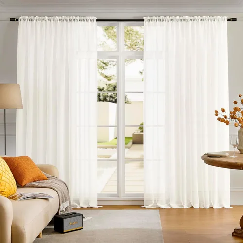 Miniatura 29 de Cortinas para ventana cortinas blancas traslúcidas de 90 pulgadas de largo, 2 paneles de cortinas de tul, paneles de ventana para cortinas de Blanco