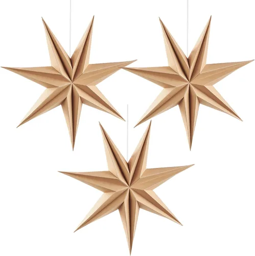 Miniatura 14 de SUNBEAUTY 5 linternas de papel natural de 9 puntas de 12 pulgadas, lámpara colgante de Navidad rústica, decoración de papel, boda, cumpleaños
