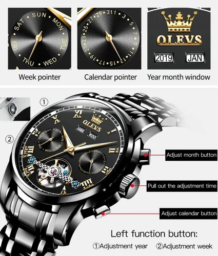 Miniatura 4 de OLEVS Reloj automático para hombre, cuerda automática, mecánica, de lujo, de acero inoxidable, multicalendario, impermeable, luminoso, reloj