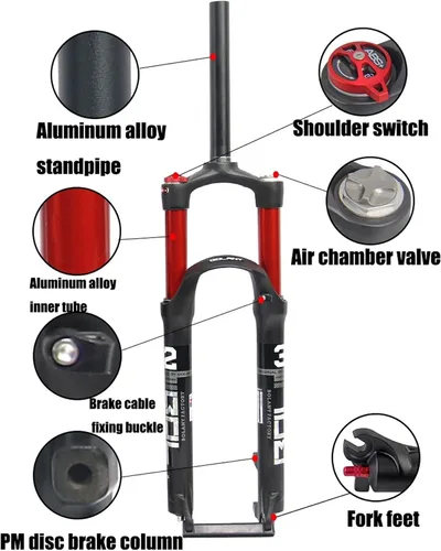 Miniatura 5 de 26/27.5/29 Suspension Fork 100mm Travel,28.6mm Straight Tube QR 9mm Double Chamber Crown Lock Aluminum Alloy XC Mountain Fork Red/Black