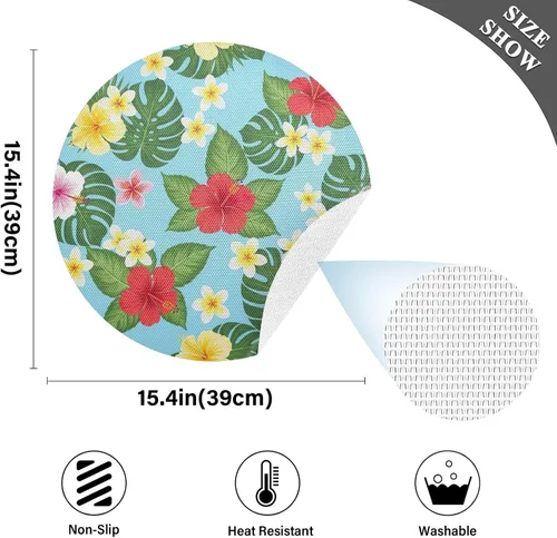 Miniatura 4 de Manteles individuales redondos rojos con hojas tropicales, flores vibrantes, resistentes al calor, antideslizantes, para cocina, talla 1 x 1