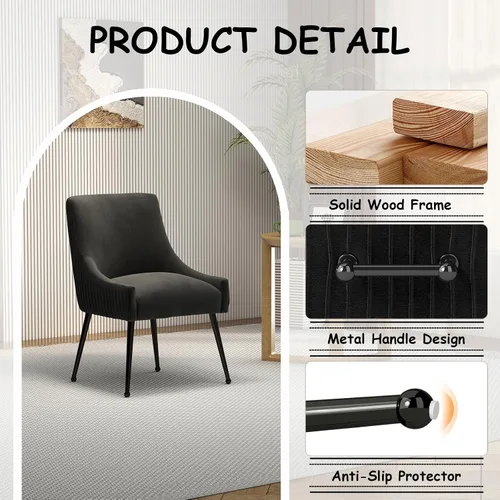 Miniatura 4 de Juego de 2 sillas de comedor de terciopelo, sillas tapizadas beige para sala de estar con patas de metal negro, sillas decorativas modernas