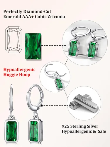 Miniatura 8 de Bestyle Aretes colgantes de plata de ley pequeños y delicados con piedra natal para mujeres y niñas con cristal rectangular de baguette y aro