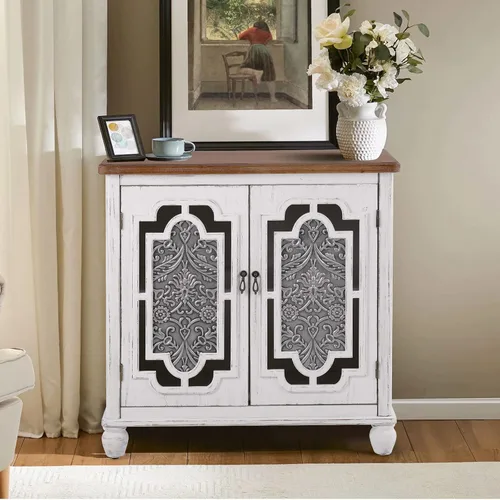 MAISON ARTS Armario decorativo de buffet y aparador blanco con 2 puertas de almacenamiento para sala de estar, granja, cocina, gabinete de porcelana