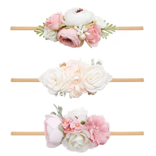 Miniatura 22 de Diademas de flores de nailon para bebé niña, con moños de flores, accesorios elásticos para el cabello, corona, envolturas florales hechas a mano