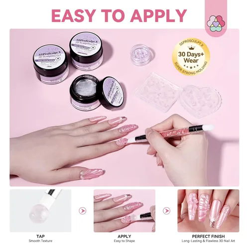 Miniatura 6 de SAVILAND Kit de gel de uñas Solid Builder: Aurora Silver Pink Clear 3D Sculpting Gel con moldes de silicona de flores de rosa y lápiz de tallado