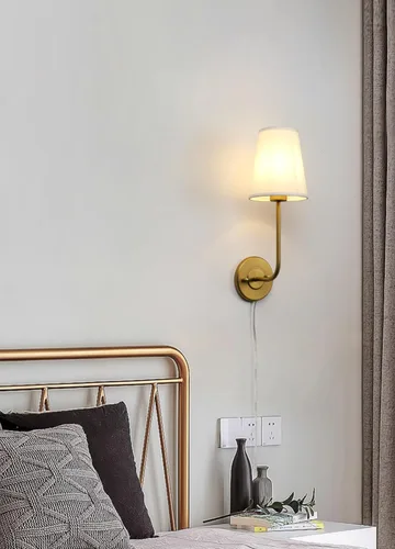 Miniatura 4 de Pathson Set of 2 Plug in Wall Sconces, Rustic Wall Lighting Fixtures with On/Off Switch and Pure White Fabric Lampshade, Antique Brass Wall Lamps