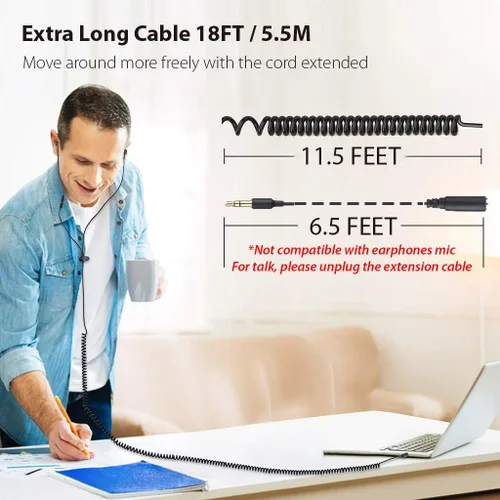 Miniatura 3 de Avantree HF027 - Auriculares de cable largo para TV y PC, cable de extensión de 18 pies con micrófono y cable de bobina de resorte extralargo