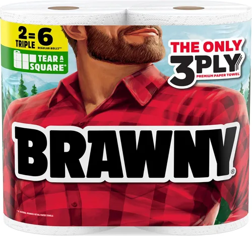 Brawny Toallas de papel Tear-A-Square de 3 capas, 2 rollos triples = 6 rollos regulares, fuertes, absorbentes y duraderas con 3 tamaños de hoja