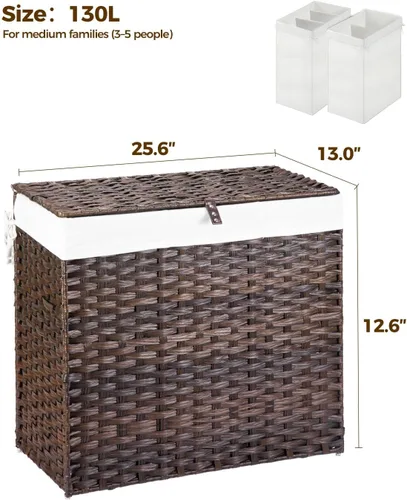 Miniatura 104 de GREENSTELL Cesta para ropa sucia con ruedas y tapa, 130 L, cesta grande de 3 secciones con 2 tipos de bolsas de forro extraíbles, 5 bolsas de malla