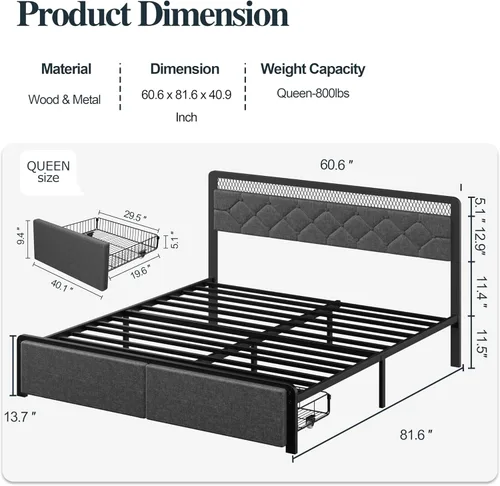 Miniatura 2 de Nuturelly Base de cama Queen con cajones de almacenamiento y cabecera LED inteligente, cama de plataforma tapizada con soporte de metal sin ruido