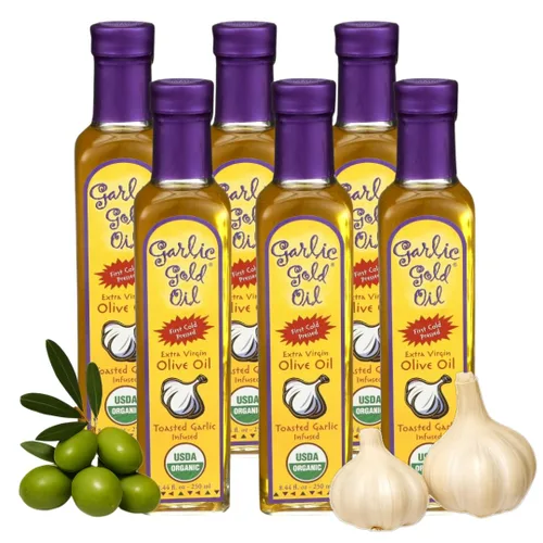 Miniatura 9 de Garlic Gold Aceite de oliva virgen extra infundido con ajo, certificado orgánico USDA premium, bajo FODMAP, prensado en frío (8.5 fl oz, 2 unidades)