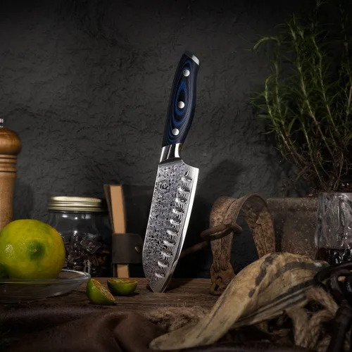 Miniatura 2 de FANTECK Santoku Cuchillo de cocina de acero japonés de Damasco de 5 pulgadas, VG10 de 67 capas de alto carbono, espiga completa, cuchillos Santoku