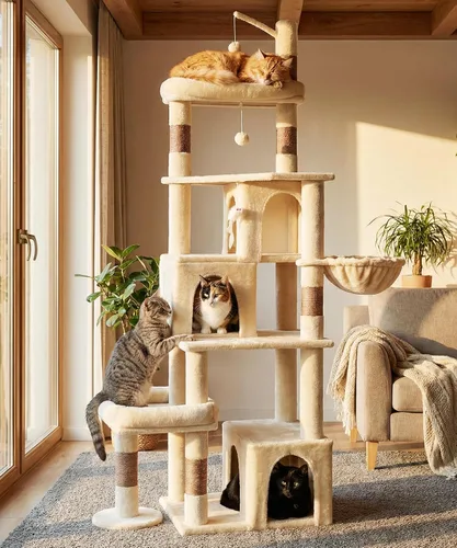 Miniatura 9 de PMT04BW - Árbol resistente para gatos de interior, torre para gatos de 74 pulgadas con poste rascador, cesta colgante, condominio para gatos