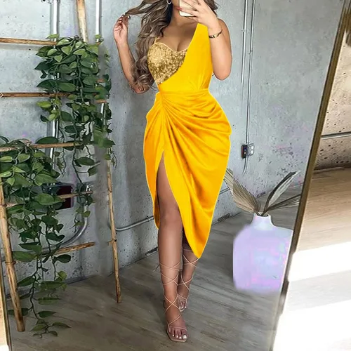 Miniatura 4 de KUIOLYPOER Vestido de invitada de boda de verano para mujer, sexy, con lentejuelas, con abertura, vestido de cóctel de un solo hombro
