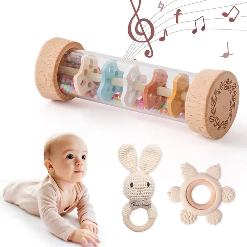 Miniatura 6 de Youuys Juego de sonajeros de madera para bebés (3 piezas) – Sonajero de ganchillo, juguete Montessori de madera para bebé recién nacido, sonajeros
