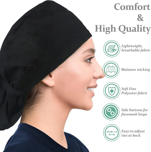 Miniatura 6 de IRIS CRAFT Gorra de trabajo con botón de pelo largo, ajustable, banda para el sudor, soporte de cola de caballo de algodón, sombreros de amarre