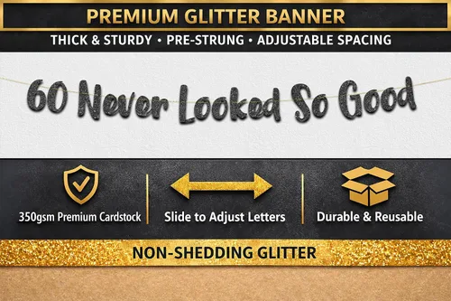 Miniatura 3 de Cartel negro con purpurina preencordada de 60 "Never Looked So Good", decoraciones para cumpleaños de 60 años y aniversario para hombres y mujeres
