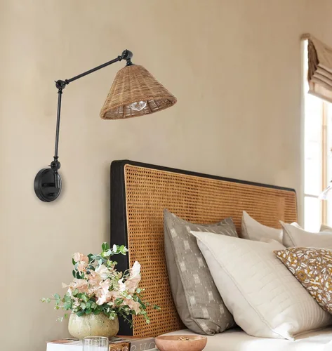 Miniatura 8 de WINGBO Lámpara de pared envuelta en ratán, lámpara de pared ajustable con brazo oscilante, lámpara vintage de mesita de noche, de mimbre, hecha a