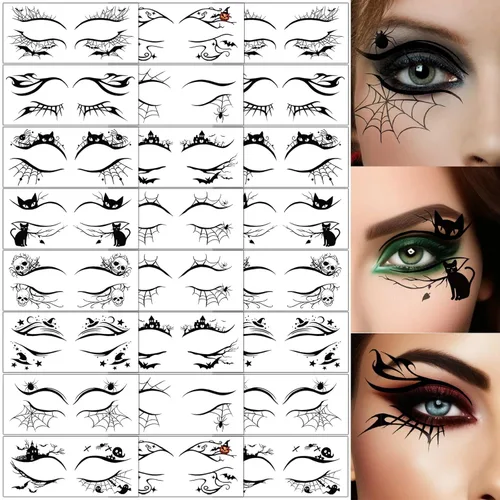 Miniatura 5 de 24 tatuajes temporales de cara de Halloween, diseños de pestañas superiores e inferiores, calcomanías falsas impermeables con motivos espeluznantes