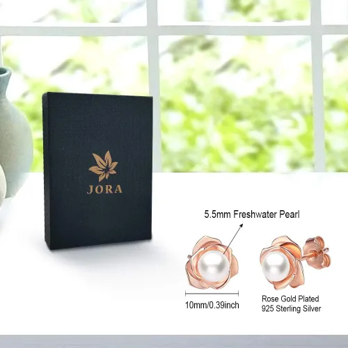 Miniatura 6 de JORA Aretes de oro rosa y plata esterlina con perla en flor negra, para mujer