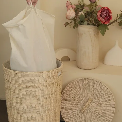 Miniatura 5 de Furnnylane Cesta de mimbre tejida a mano con tapa, 20 galones (75 L) Cesta grande para lavandería con forro extraíble para lavandería y decoración