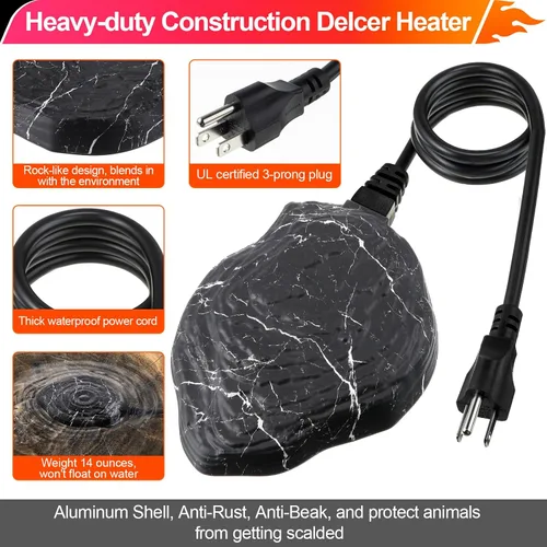 Miniatura 3 de Saillong Descongelador de baño para pájaros, roca calentada, sumergible de 80 W, calentador de agua de invierno controlado termostático con base