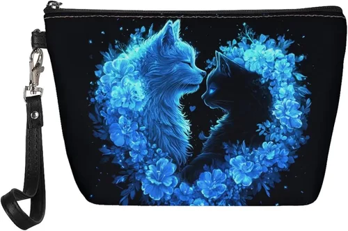 Miniatura 12 de Howilath Abstract Art Cat Cosmetic Pouch for Women PU Leather Toiletry Storage Bag Trapezoid Makeup Bags with Wrist Strap