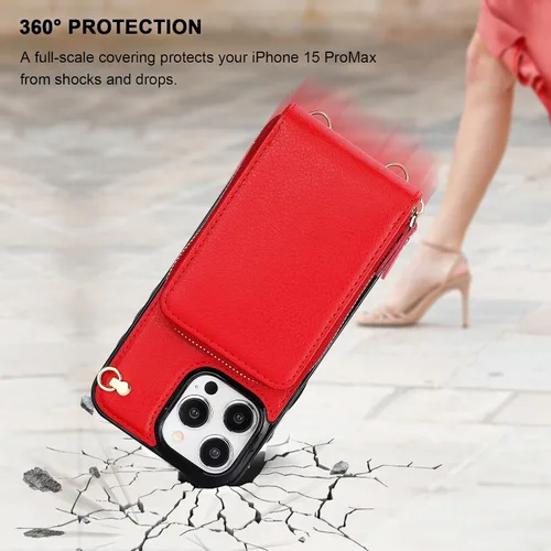 Miniatura 8 de KIHUWEY Funda tipo cartera cruzada para iPhone 15 Pro Max, funda con bolsillo con cremallera y soporte para tarjetas, funda protectora de piel Rojo