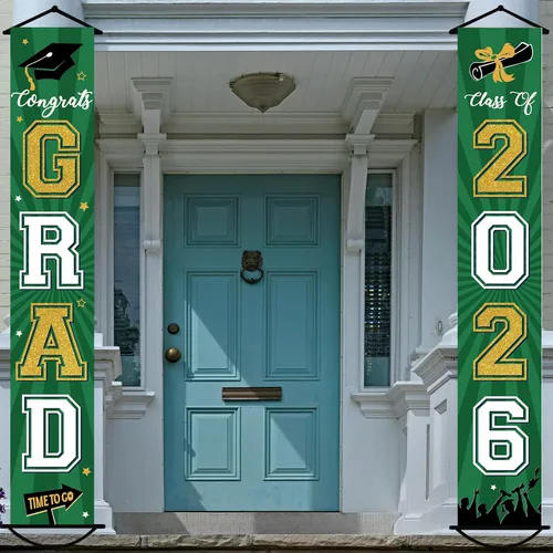 Miniatura 18 de Cartel de graduación 2026, decoraciones de graduación negro y dorado, letrero de porche de clase de 2026, decoración de puerta de felicitaciones