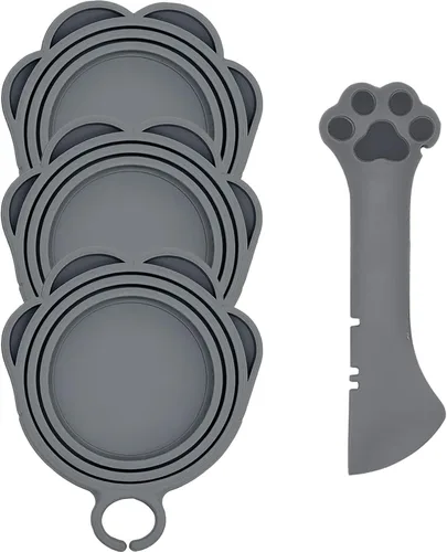 Miniatura 19 de Cuchara para Latas de Comida para Mascotas y 3 Tapas para Latas Espátula Abridor con Forma de Pata Linda Cuchara para Comida Húmeda de Gato Gris