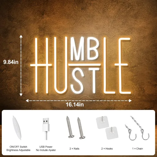 Miniatura 6 de Hustle - Letrero LED de neón para decoración de pared, decoración de fiesta humilde, interruptor alimentado por USB, luces LED de neón de brillo