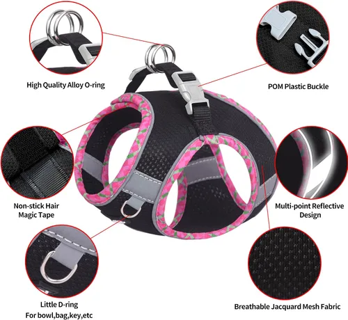 Miniatura 6 de AIITLE Arnés y Correa para Perro XXS - Arnés Pequeño para Perro Reflectante y sin Tirones, Transpirable para Cachorros Taza, Uso en Negro