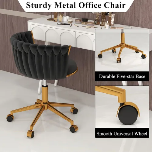 Miniatura 6 de ABET Silla de tocador con ruedas, pequeña silla de escritorio de terciopelo para oficina, taburetes de maquillaje semicirculares tejidos a mano