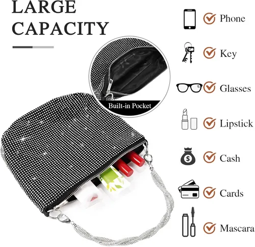 Miniatura 5 de TRICIA Monederos plateados brillantes para mujer, bolso de mano con diamantes de imitación para fiesta, baile, club, boda