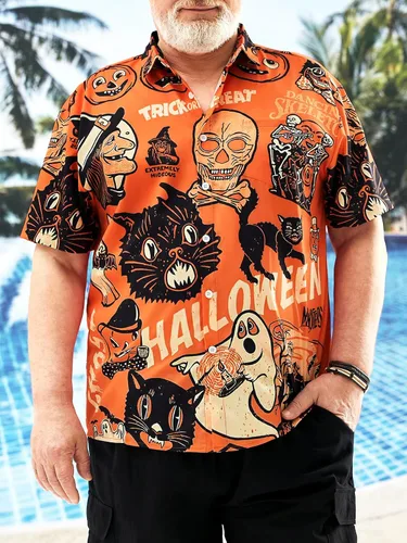 Miniatura 3 de Hardaddy Camisa de Halloween para hombre, manga corta, con botones, divertida impresión, casual
