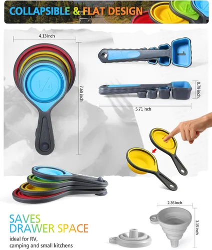 Miniatura 8 de Juego de tazas y cucharas medidoras, Tazas medidoras plegables, 8 piezas, Medidor plegable grabado con marcas métricas/imperiales para medición