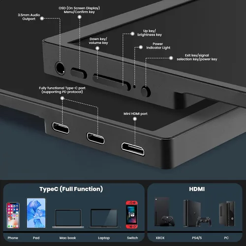 Miniatura 2 de Monitor portátil de 15.6 pulgadas Full HD 1080p, conectividad USB-C y HDMI, diseño ultra delgado, altavoces integrados, compatible con laptop, PC