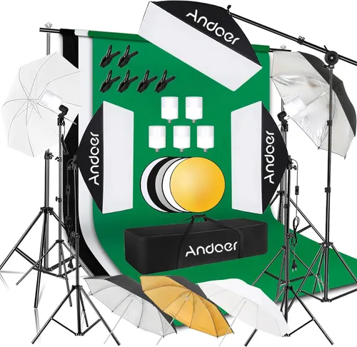 Andoer Kit de iluminación profesional de estudio de fotografía Softbox con fondos de 3 colores, soportes de fondo de 6.5 x 10 pies, paraguas de