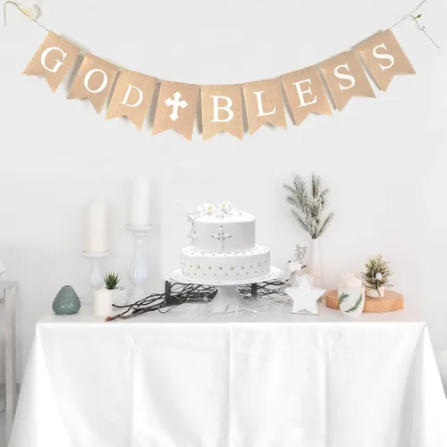 Miniatura 5 de CHRORINE Cartel de Bautismo de God Bless para niños, decoraciones de confirmación de la primera comunión, suministros para fiesta de bautismo de Azul