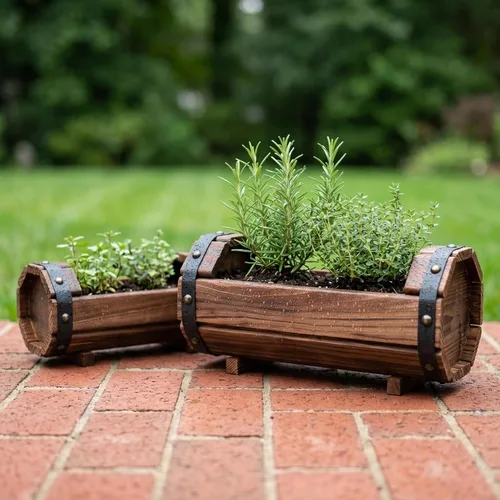 Miniatura 4 de DOITOOL Macetas de medio barril para exteriores, paquete de 2 macetas rústicas de madera maciza para plantas, juego de macetas de barril de vino