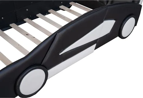 Miniatura 5 de SOFTSEA Cama de auto de carreras de tamaño individual, marco de cama con ruedas en forma de automóvil, marco de cama con barandilla y cabecera